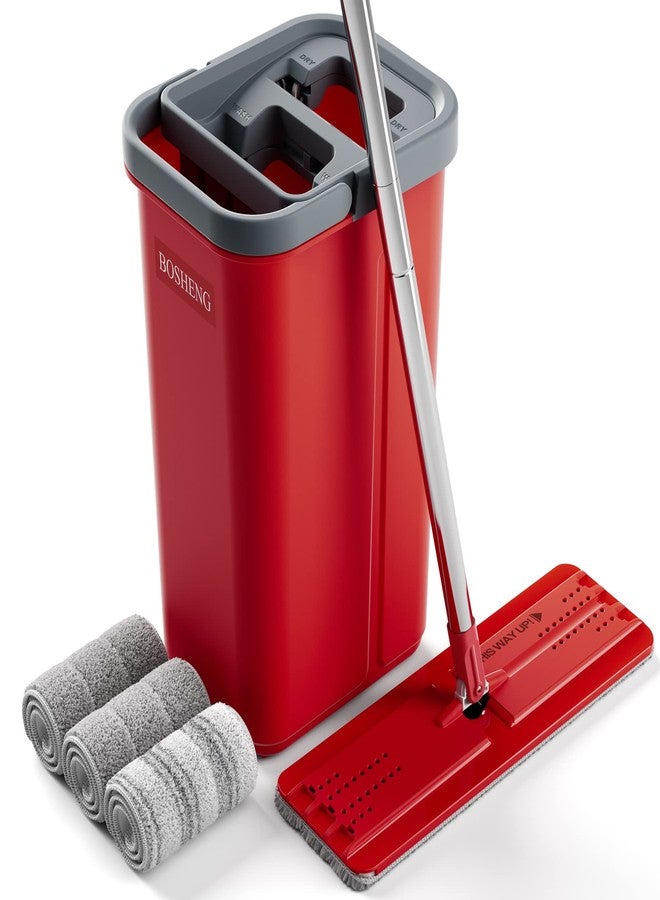 BOSHENG Mop and Bucket with Wringer Set, Flat Mop and Bucket, Squeeze Floor Mop with 3 Washable Microfiber Mops, Wet and Dry Use, Household Cleaning Tools, for Hardwood Floor, Laminate, Tile - Image 1