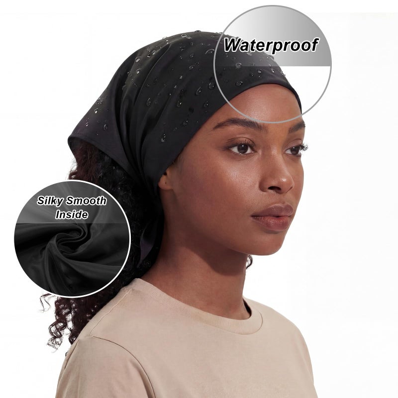 Cuffbow 2 Pcs Satin Lined Bandana Waterproof Head Scarf Non-Slip Hair Scarf Large Triangle Waterproof Rain Headband for Women Black - Image 3