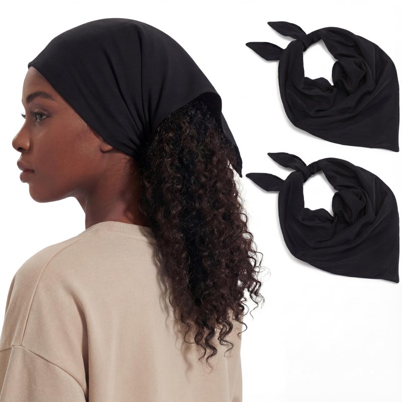 Cuffbow 2 Pcs Satin Lined Bandana Waterproof Head Scarf Non-Slip Hair Scarf Large Triangle Waterproof Rain Headband for Women Black - Image 1