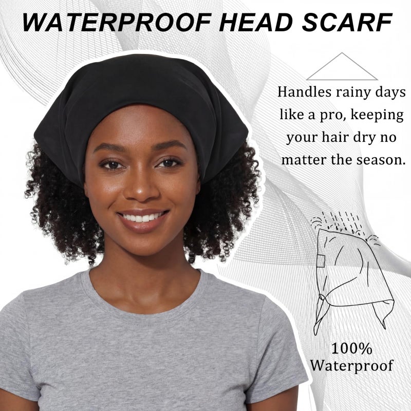 Cuffbow 2 Pcs Satin Lined Bandana Waterproof Head Scarf Non-Slip Hair Scarf Large Triangle Waterproof Rain Headband for Women Black - Image 5