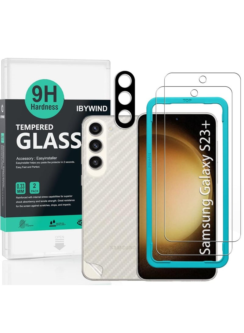 Ibywind واقي شاشة لهاتف Samsung Galaxy S23+/Galaxy S23 Plus 5G (6.6 بوصة)، مع قطعتين من الزجاج المقوى، قطعة واحدة من واقي عدسة الكاميرا، قطعة واحدة من غشاء ألياف الكربون الداعم [قارئ بصمات الأصابع، سهل التركيب]