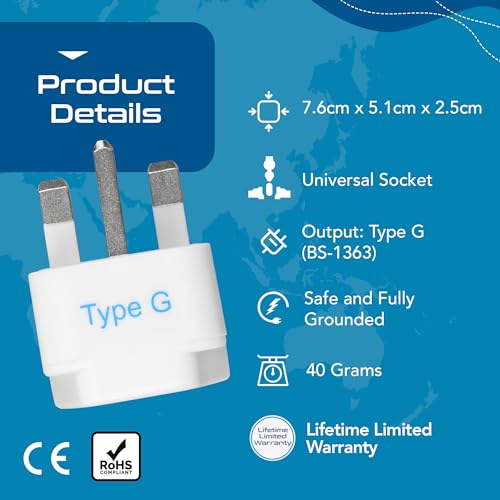 Ceptics India to UK, UAE, Hong Kong & More (Type G) Travel Adapter Plug - CE Certified - Rohs Compliant (GP-7) (Component), White - Image 3