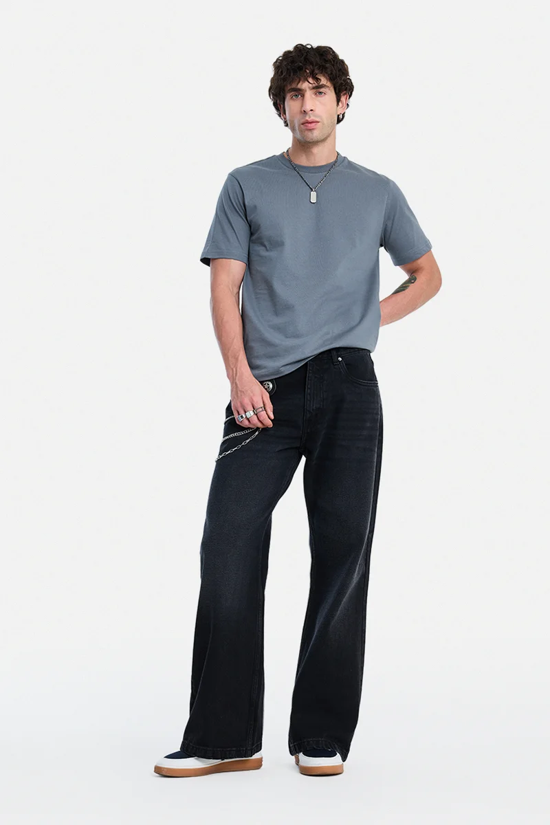 SNITCH Black Solid Flared Fit Streetwear Jeans