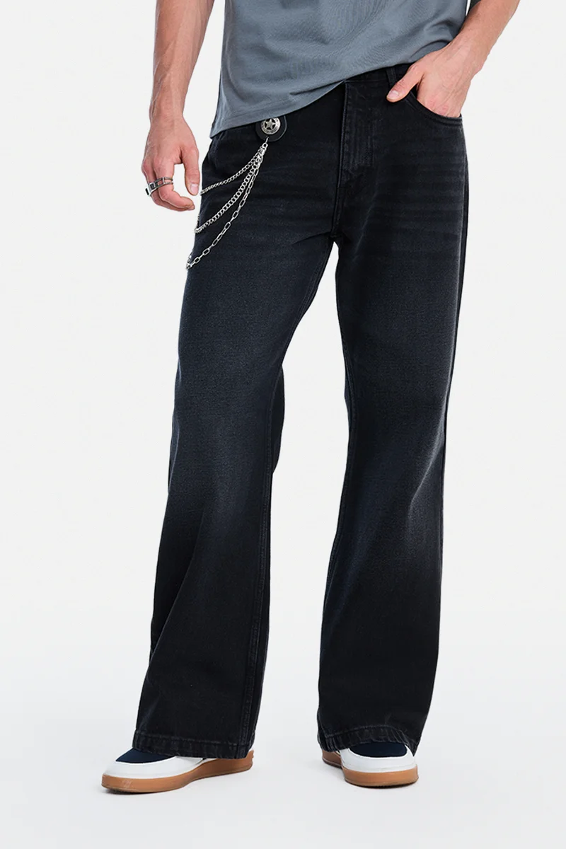 SNITCH Black Solid Flared Fit Streetwear Jeans