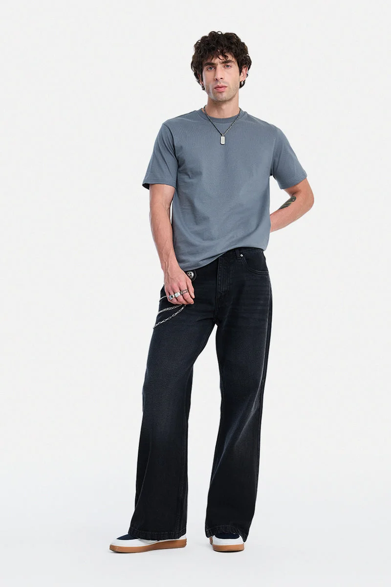 سنيتش Black Solid Flared Fit Streetwear Jeans