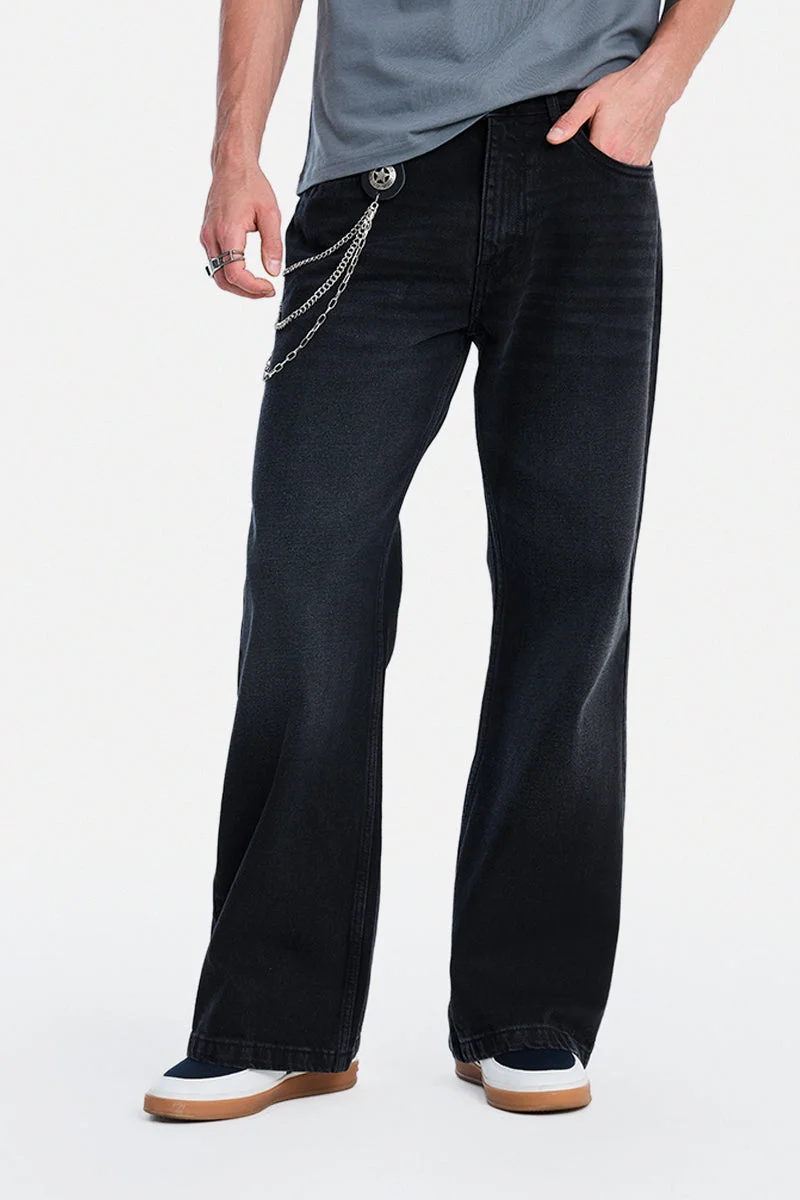 سنيتش Black Solid Flared Fit Streetwear Jeans