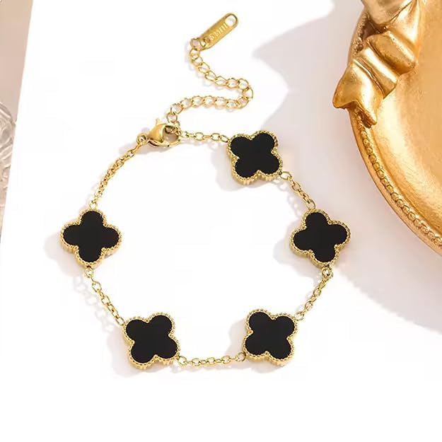 STYOLLO Four Leaf Clover Bracelet for Women & Girls | Gold-Plated Black Enamel Charm Jewelry | Elegant Anti-Tarnish Lucky Chain Bracelet | Fashion Accessory for Daily & Gifting-(Black) - Image 3