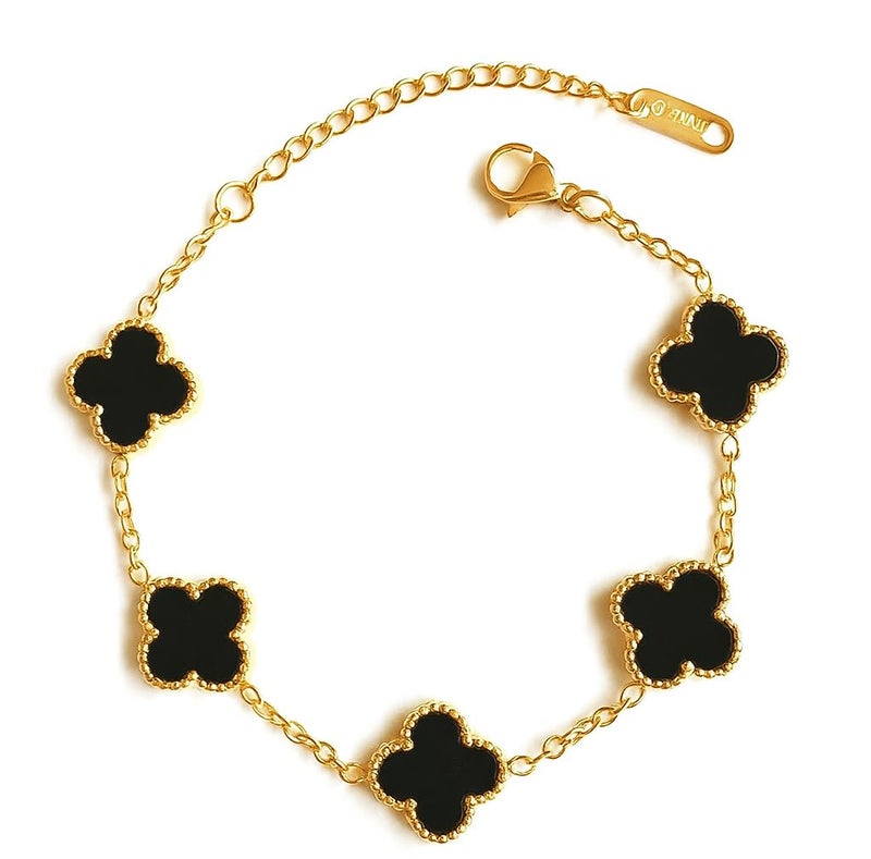 STYOLLO Four Leaf Clover Bracelet for Women & Girls | Gold-Plated Black Enamel Charm Jewelry | Elegant Anti-Tarnish Lucky Chain Bracelet | Fashion Accessory for Daily & Gifting-(Black) - Image 1