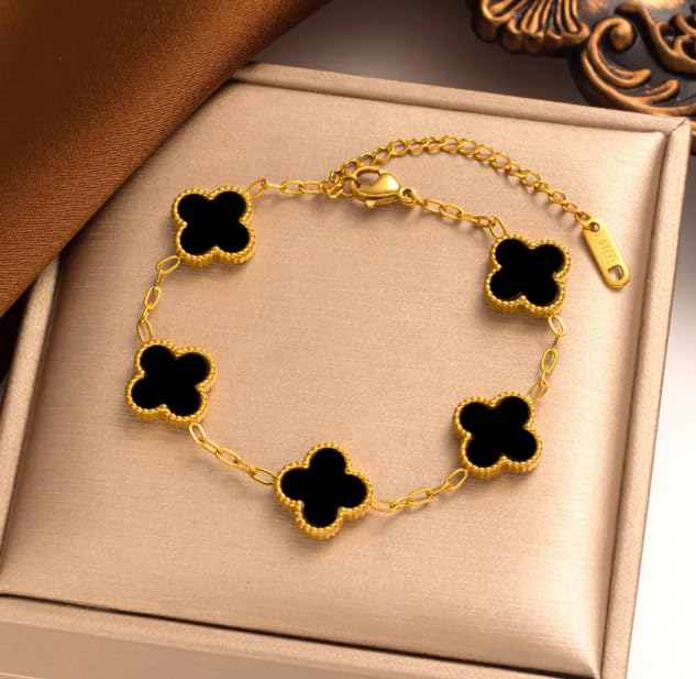 STYOLLO Four Leaf Clover Bracelet for Women & Girls | Gold-Plated Black Enamel Charm Jewelry | Elegant Anti-Tarnish Lucky Chain Bracelet | Fashion Accessory for Daily & Gifting-(Black) - Image 2