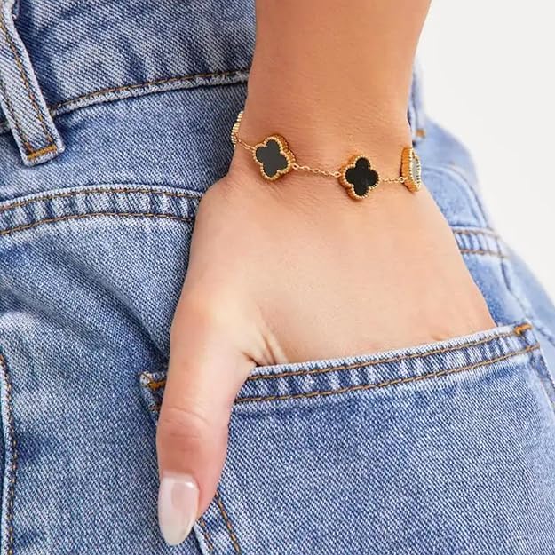 STYOLLO Four Leaf Clover Bracelet for Women & Girls | Gold-Plated Black Enamel Charm Jewelry | Elegant Anti-Tarnish Lucky Chain Bracelet | Fashion Accessory for Daily & Gifting-(Black) - Image 5