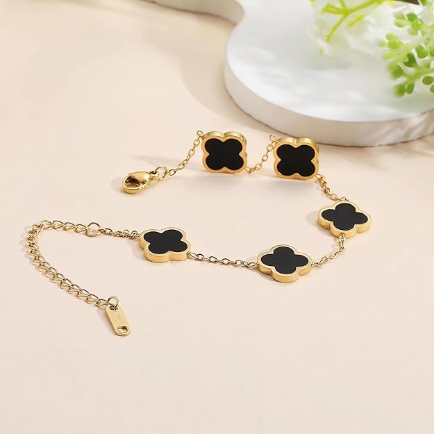 STYOLLO Four Leaf Clover Bracelet for Women & Girls | Gold-Plated Black Enamel Charm Jewelry | Elegant Anti-Tarnish Lucky Chain Bracelet | Fashion Accessory for Daily & Gifting-(Black) - Image 4