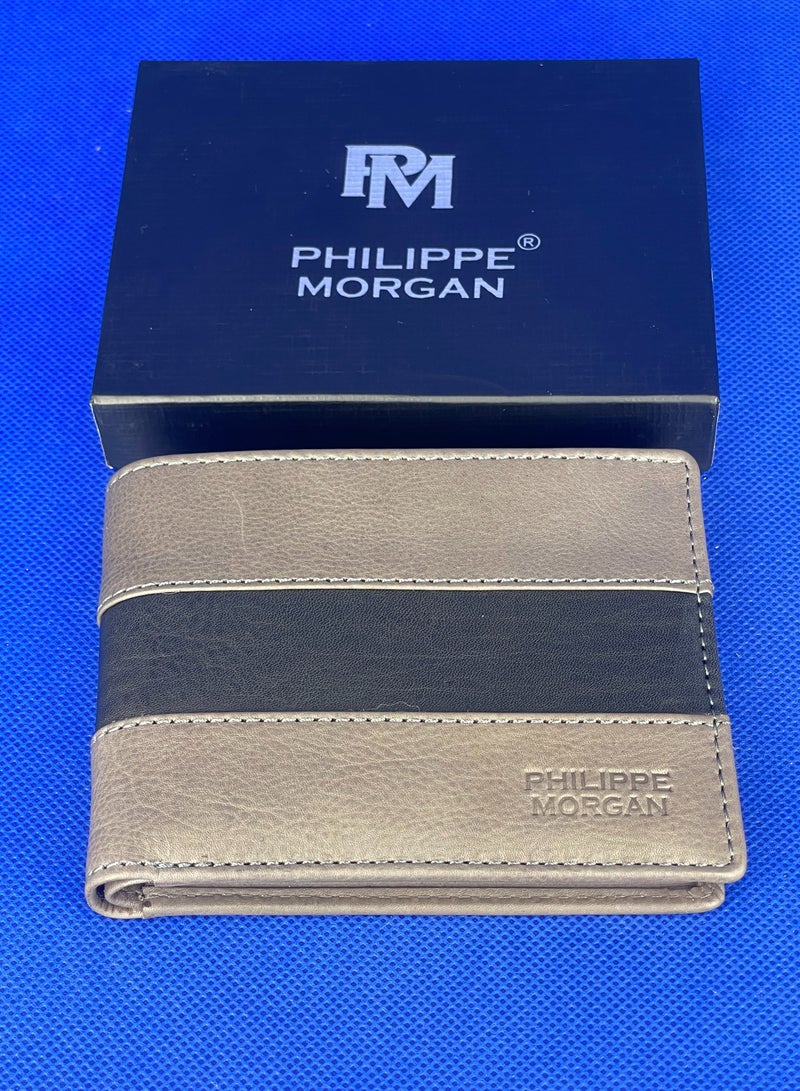 فيليب مورجان محفظة جلدية أصلية فاخرة قابلة للطي للرجال لون رمادي - Image 1
