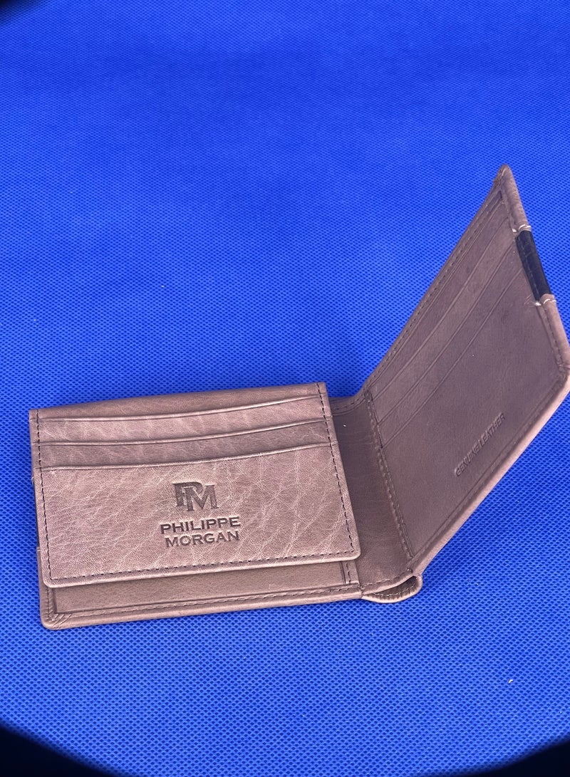 فيليب مورجان محفظة جلدية أصلية فاخرة قابلة للطي للرجال لون رمادي - Image 2
