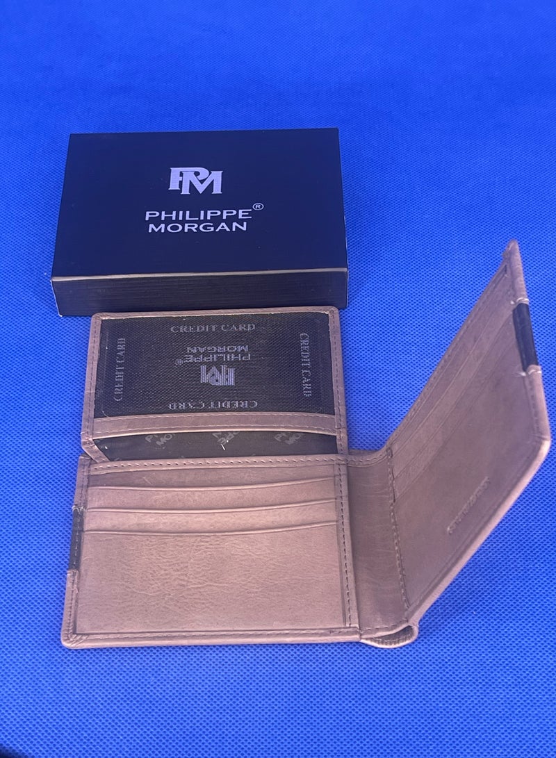فيليب مورجان محفظة جلدية أصلية فاخرة قابلة للطي للرجال لون رمادي - Image 5