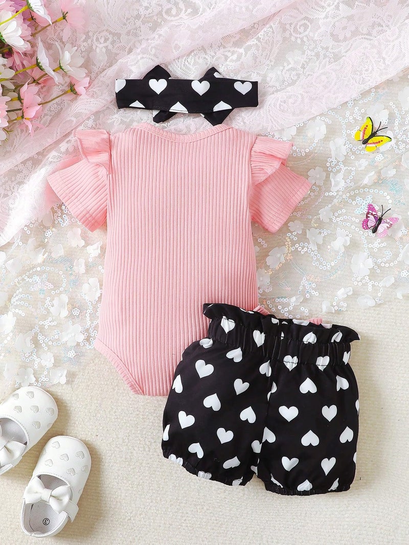 Baby Girl Clothes Ruffle Sleeve Romper with Heart Print Bloomers and Bow Headband Infant Outfit Set 3PCS - Image 3