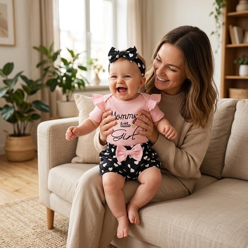 Baby Girl Clothes Ruffle Sleeve Romper with Heart Print Bloomers and Bow Headband Infant Outfit Set 3PCS - Image 5