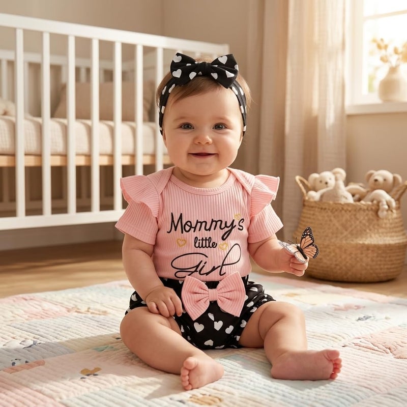 Baby Girl Clothes Ruffle Sleeve Romper with Heart Print Bloomers and Bow Headband Infant Outfit Set 3PCS - Image 2