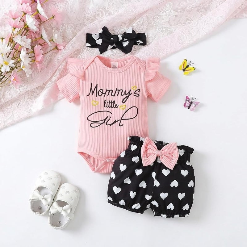 Baby Girl Clothes Ruffle Sleeve Romper with Heart Print Bloomers and Bow Headband Infant Outfit Set 3PCS - Image 1