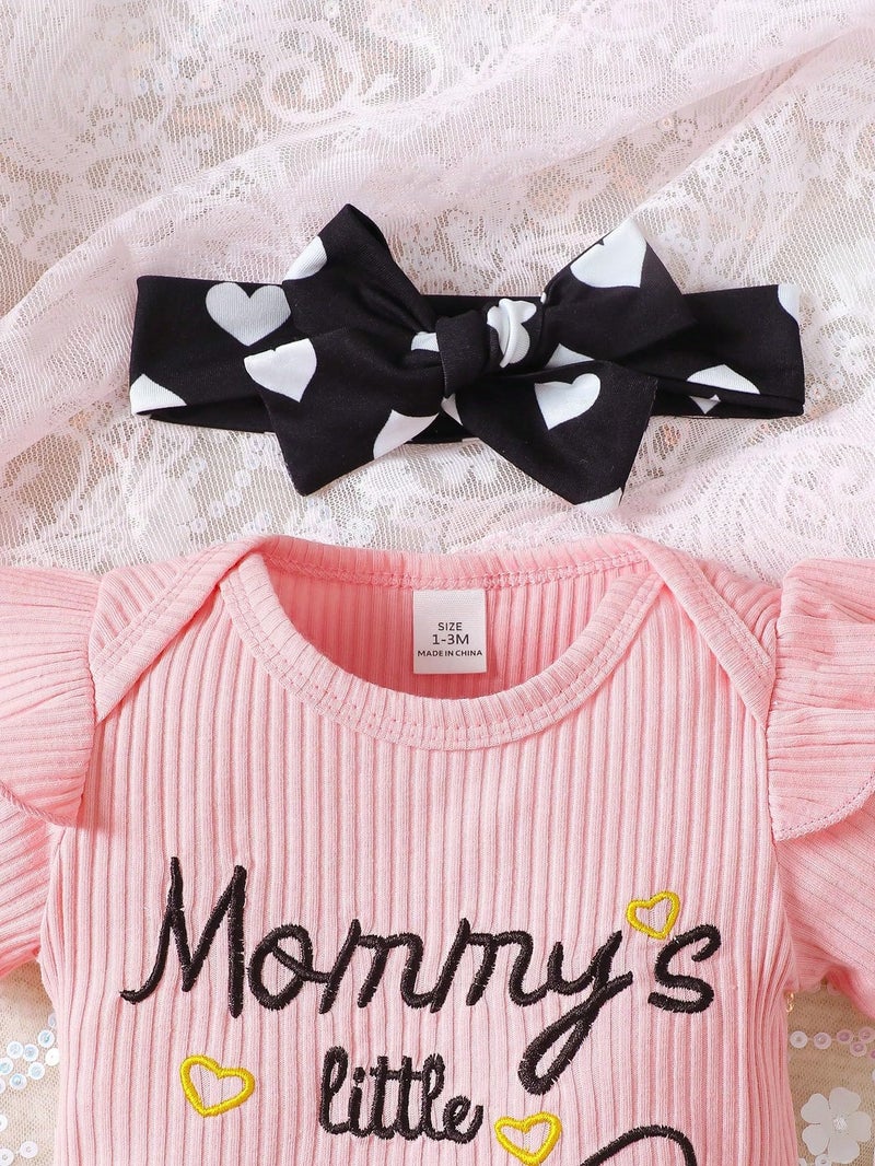 Baby Girl Clothes Ruffle Sleeve Romper with Heart Print Bloomers and Bow Headband Infant Outfit Set 3PCS - Image 4