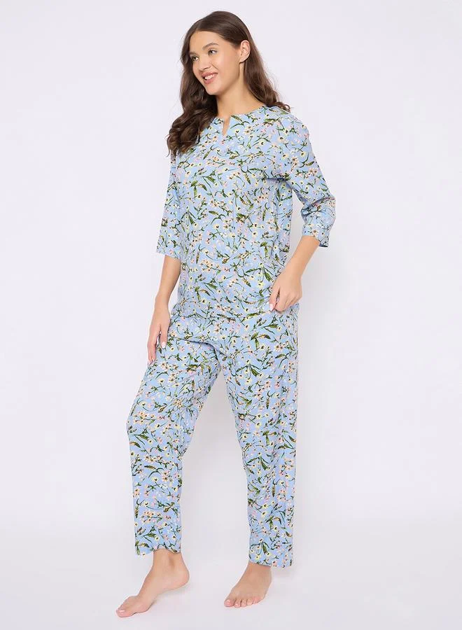 Clovia Clovia Floral Print Notch Neck Top and Pyjama Set