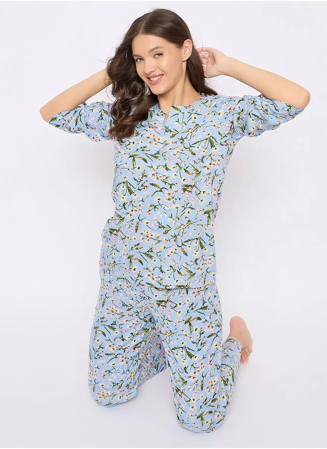 Clovia Clovia Floral Print Notch Neck Top and Pyjama Set