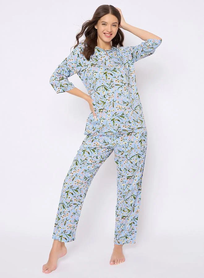 Clovia Clovia Floral Print Notch Neck Top and Pyjama Set