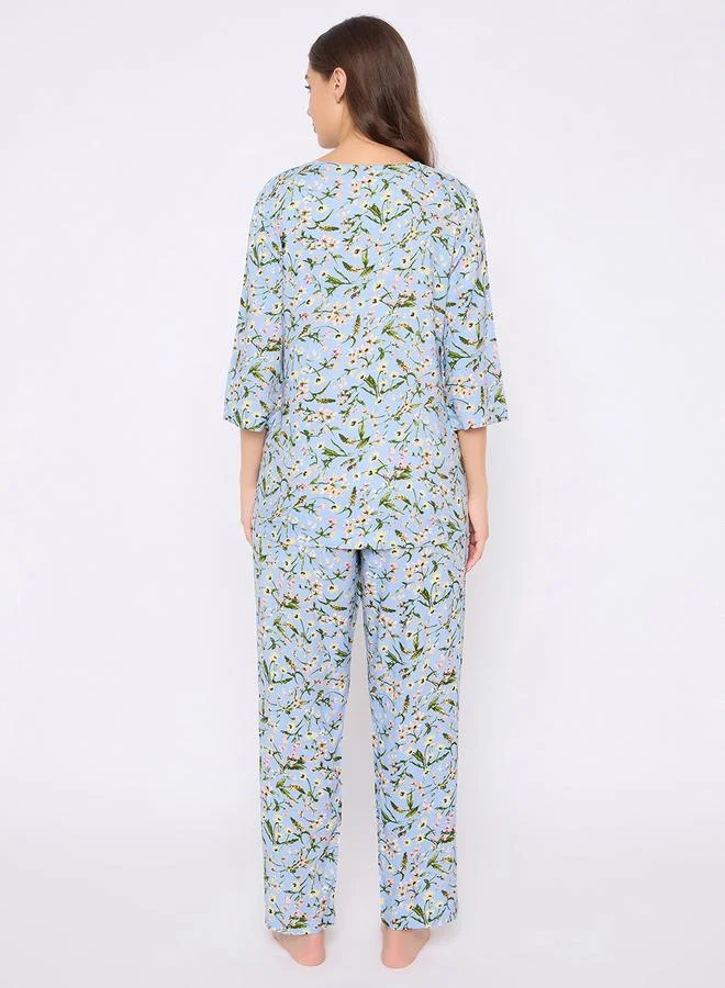 Clovia Clovia Floral Print Notch Neck Top and Pyjama Set
