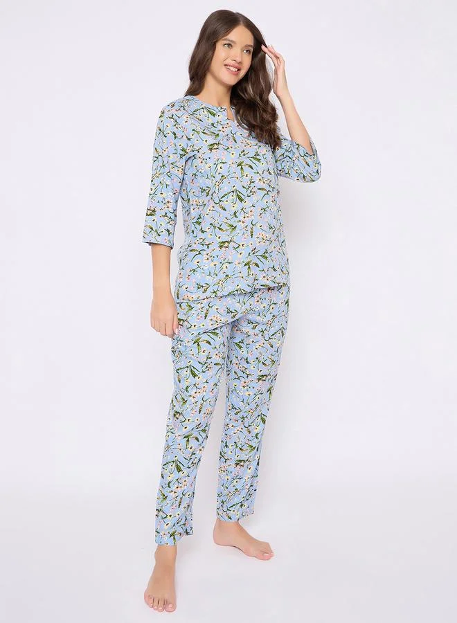 Clovia Clovia Floral Print Notch Neck Top and Pyjama Set