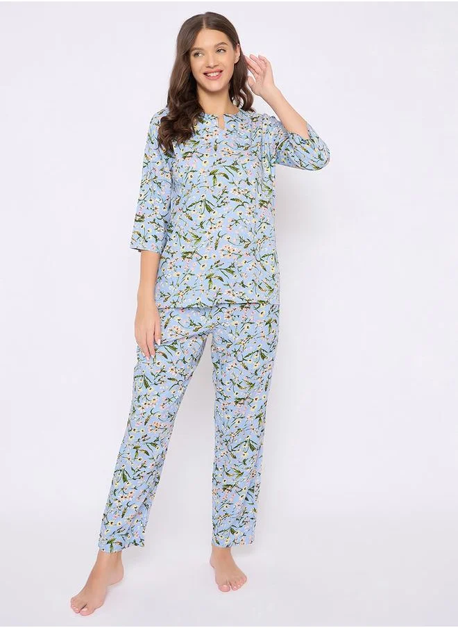 Clovia Clovia Floral Print Notch Neck Top and Pyjama Set