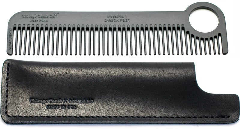 Chicago Comb Model 1 Carbon Fiber  Black Horween leather sheath pocket and travel comb Made in USA