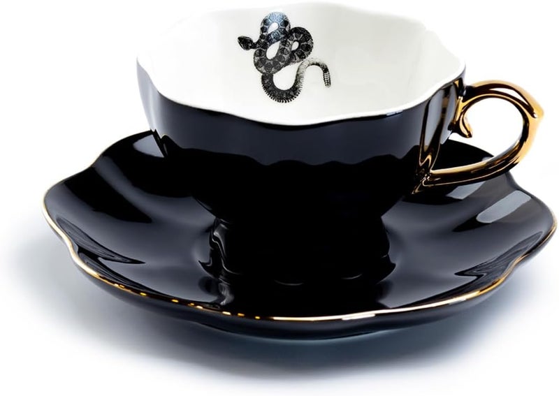 Grace Teaware Snake Black Fine Porcelain Tea Cup and Saucer with Hand Painted Gold Trim Spooky - Image 1
