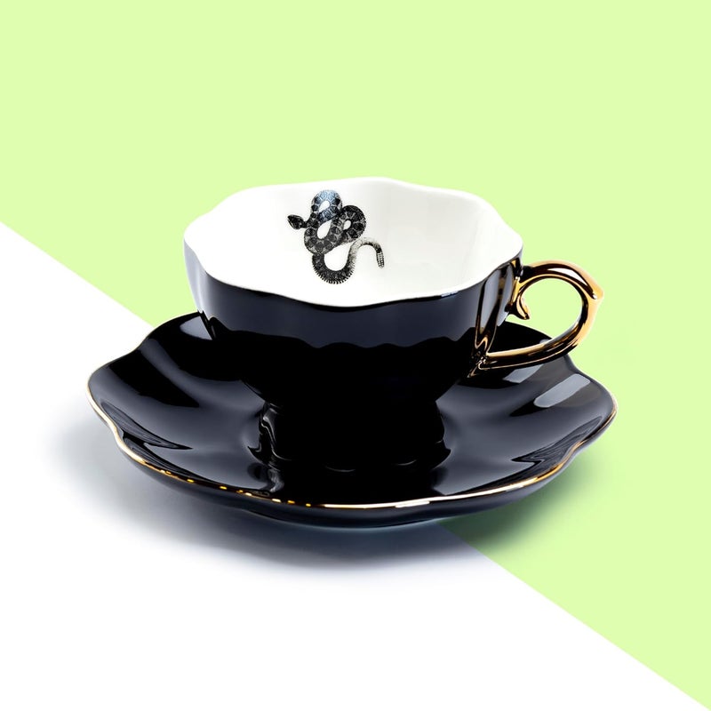 Grace Teaware Snake Black Fine Porcelain Tea Cup and Saucer with Hand Painted Gold Trim Spooky - Image 2