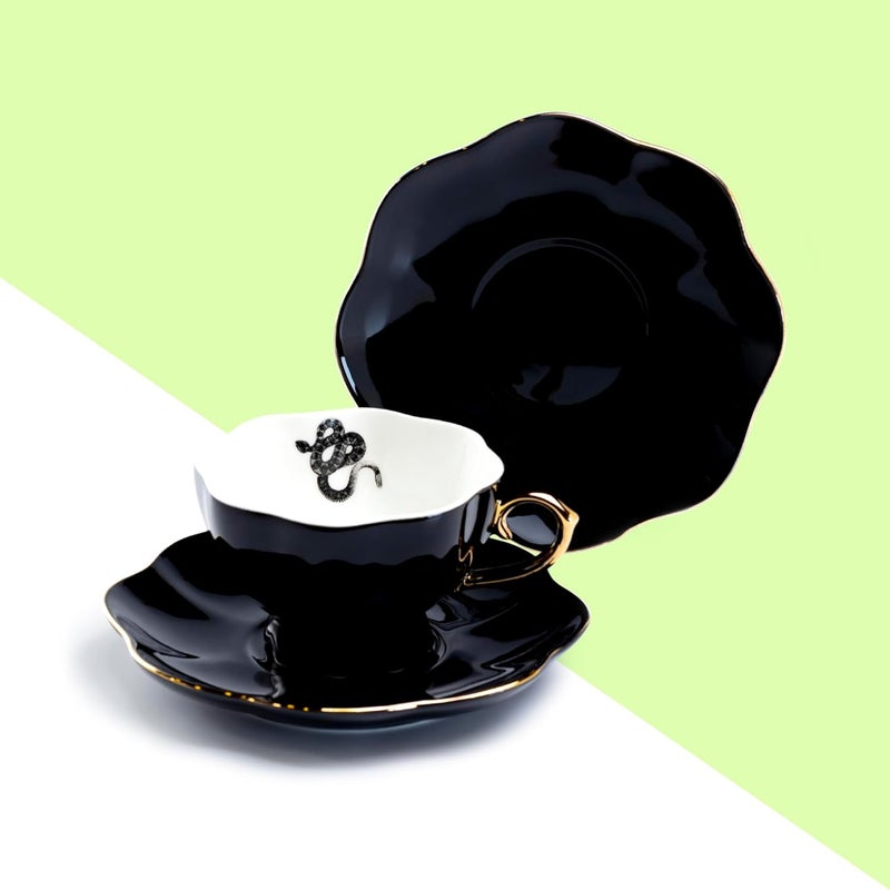 Grace Teaware Snake Black Fine Porcelain Tea Cup and Saucer with Hand Painted Gold Trim Spooky - Image 3
