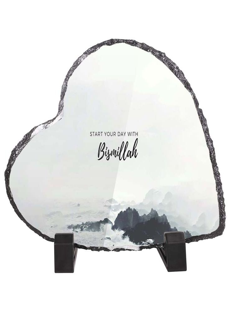 Service Zone Protective Printed White Heart Shape Marble Photo Frame for Table Top Start Your Day With Bismillah 