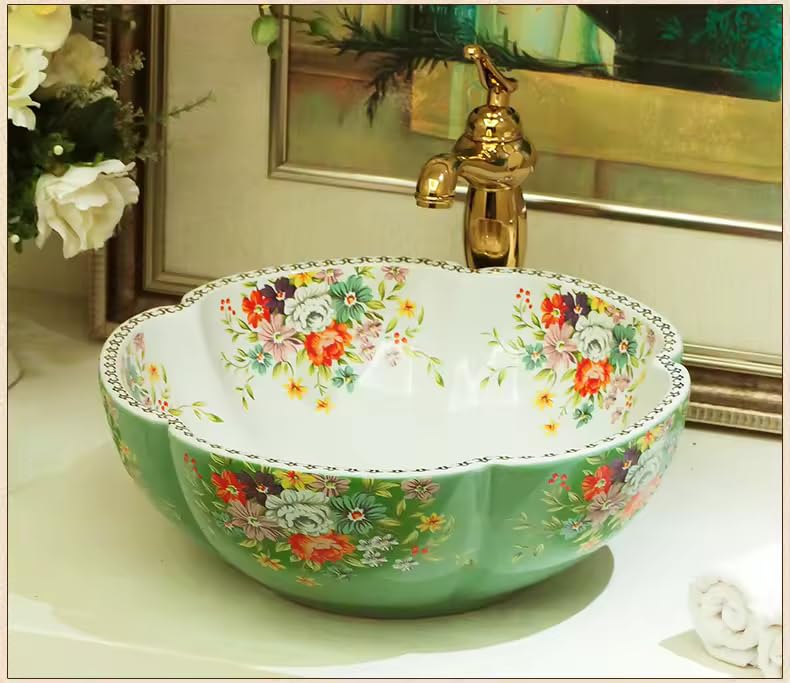 B Backline Ceramic Moroccan Table Top Wash Basin | Counter Top Wash Basin For Bathrooms & Livingroom 41 X 41 X 14 Cm (White Green) - Image 5
