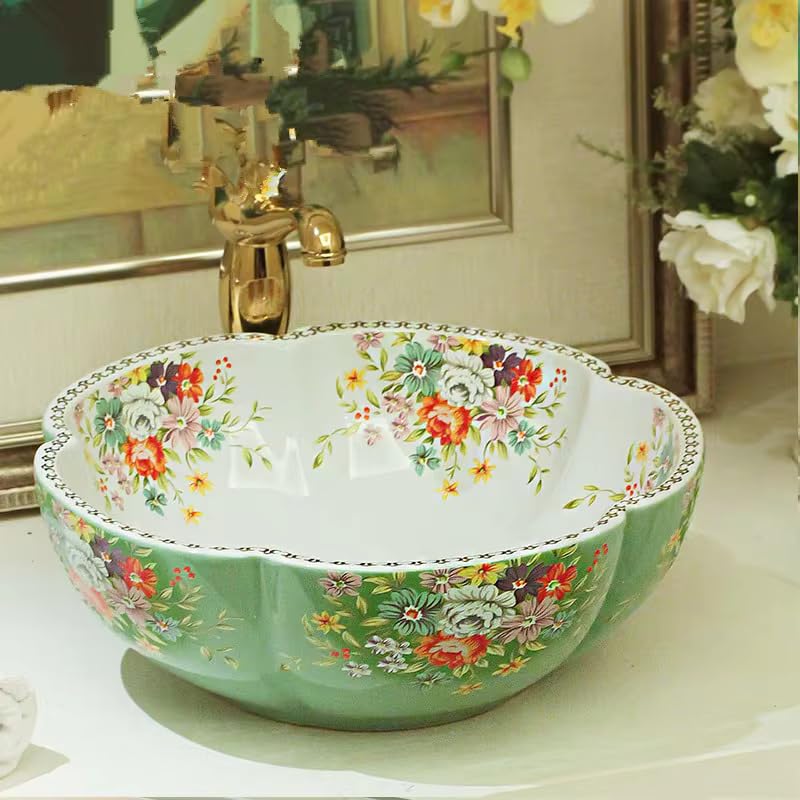 B Backline Ceramic Moroccan Table Top Wash Basin | Counter Top Wash Basin For Bathrooms & Livingroom 41 X 41 X 14 Cm (White Green) - Image 2