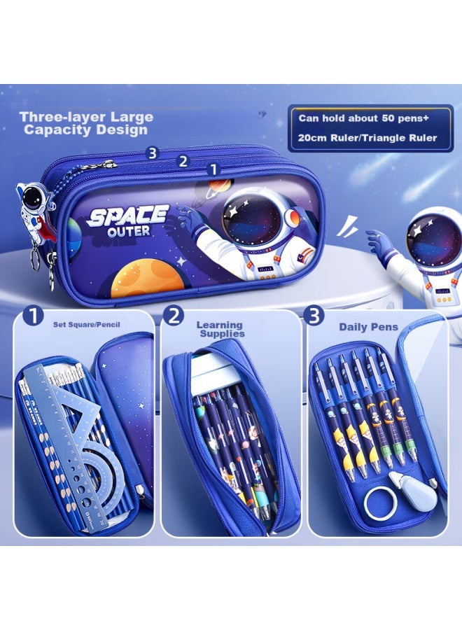 Elementary School Transparent Pencil Case Stationery Box, Boys' Large Capacity Pencil Pouch, Kindergarten Boys' Student Pencil Case, First Grade High-quality Student Stationery, Spaceship Astronaut Design - Image 3