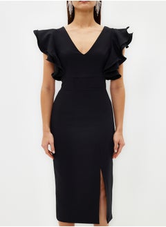 trendyol Black Lined Ruffle Detailed Woven Elegant Evening Dress TPRSS20EL2661  - Image 4