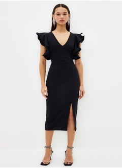 trendyol Black Lined Ruffle Detailed Woven Elegant Evening Dress TPRSS20EL2661  - Image 1