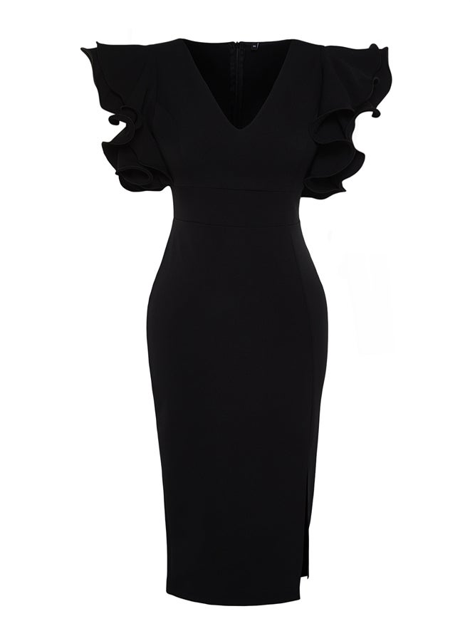 Black Lined Ruffle Detailed Woven Elegant Evening Dress TPRSS20EL2661