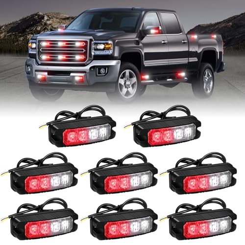 XRIDONSEN 8PCS Sync Grill Emergency Lights 32 LED Red White Firefighter Lights Grille Surface Mount Strobe Flashing Warning Safety Hazard First Responder Light for Vehicles POV Fire Fighter Trucks - Image 1