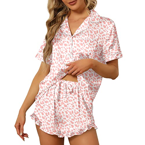 SAPJON Satin Silk Pajamas for Women 2Pcs Ruffle Notch Collar Sleepwear Button Down Short Sleeve Shorts Pjs Set Loungewear Pink Leopard - Image 1