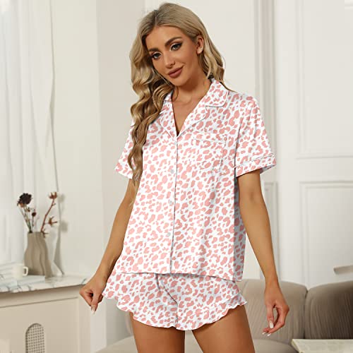 SAPJON Satin Silk Pajamas for Women 2Pcs Ruffle Notch Collar Sleepwear Button Down Short Sleeve Shorts Pjs Set Loungewear Pink Leopard - Image 5