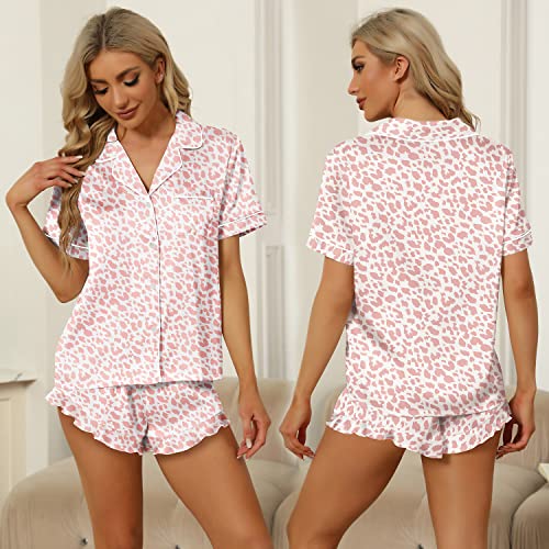 SAPJON Satin Silk Pajamas for Women 2Pcs Ruffle Notch Collar Sleepwear Button Down Short Sleeve Shorts Pjs Set Loungewear Pink Leopard - Image 2