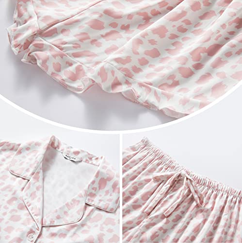 SAPJON Satin Silk Pajamas for Women 2Pcs Ruffle Notch Collar Sleepwear Button Down Short Sleeve Shorts Pjs Set Loungewear Pink Leopard - Image 4