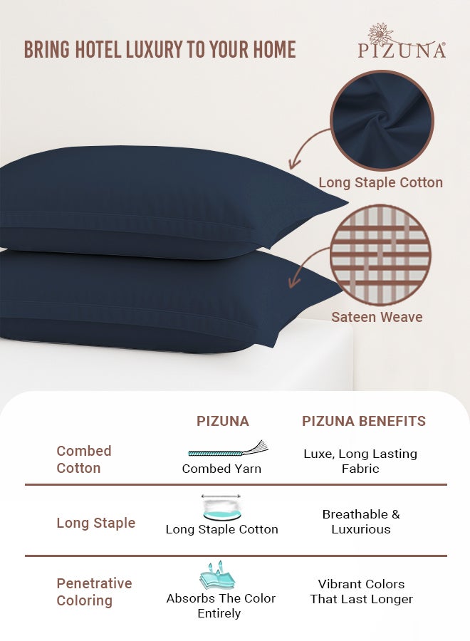 PIZUNA Pure 100% Cotton King Size Pillow Case 50x90 cm Dark Blue, 400 Thread Count Soft Luxurious Long Staple Cotton Sateen Weave Pillow Cover With 5 cm Hem (Cooling Pillowcase - 2 PC) - Image 2