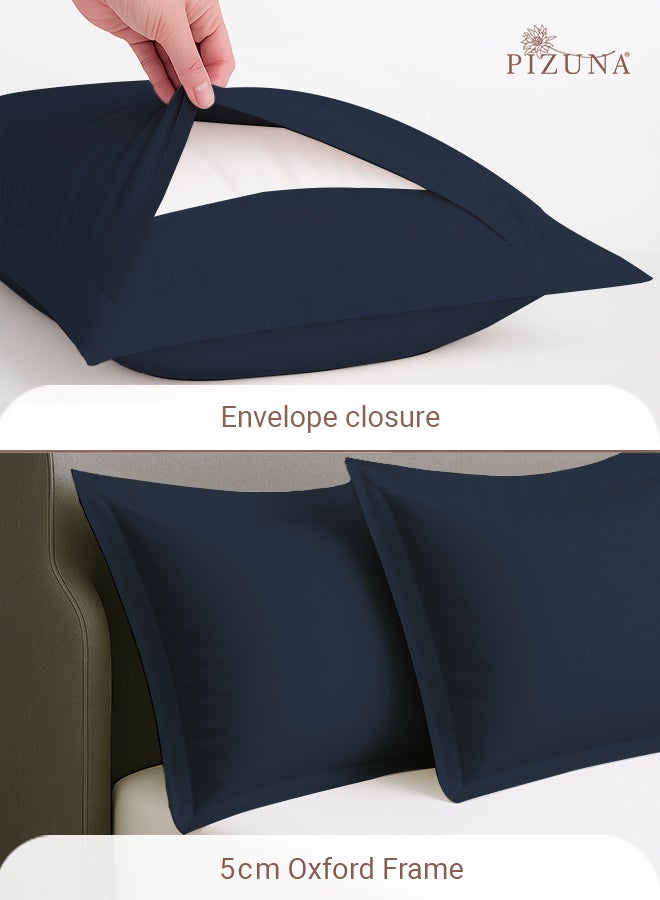 PIZUNA Pure 100% Cotton King Size Pillow Case 50x90 cm Dark Blue, 400 Thread Count Soft Luxurious Long Staple Cotton Sateen Weave Pillow Cover With 5 cm Hem (Cooling Pillowcase - 2 PC) - Image 4