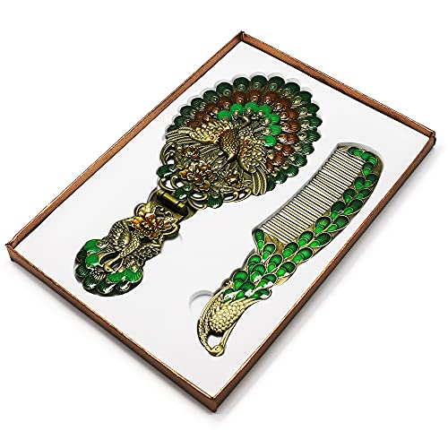 Rayberro Vintage Handheld Mirror with Comb Set, Metal Embossed Peacock Vintage Hand Mirror, Face Beauty Makeup Mirror, Foldable Personal Cosmetic Mirror, Portable Compact Travel Mirror (Green) - Image 4
