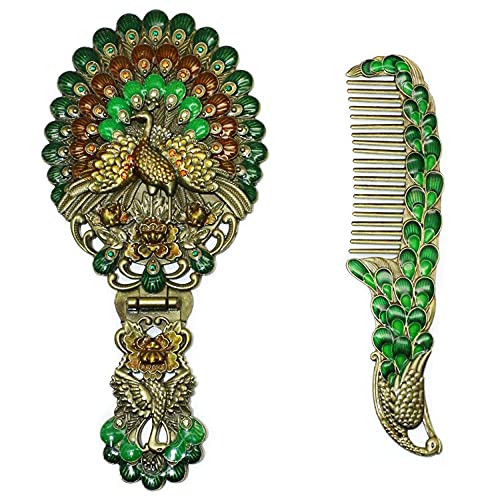 Rayberro Vintage Handheld Mirror with Comb Set, Metal Embossed Peacock Vintage Hand Mirror, Face Beauty Makeup Mirror, Foldable Personal Cosmetic Mirror, Portable Compact Travel Mirror (Green) - Image 1