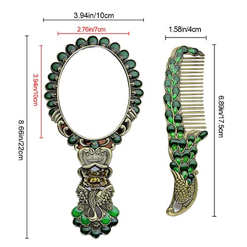Rayberro Vintage Handheld Mirror with Comb Set, Metal Embossed Peacock Vintage Hand Mirror, Face Beauty Makeup Mirror, Foldable Personal Cosmetic Mirror, Portable Compact Travel Mirror (Green) - Image 3